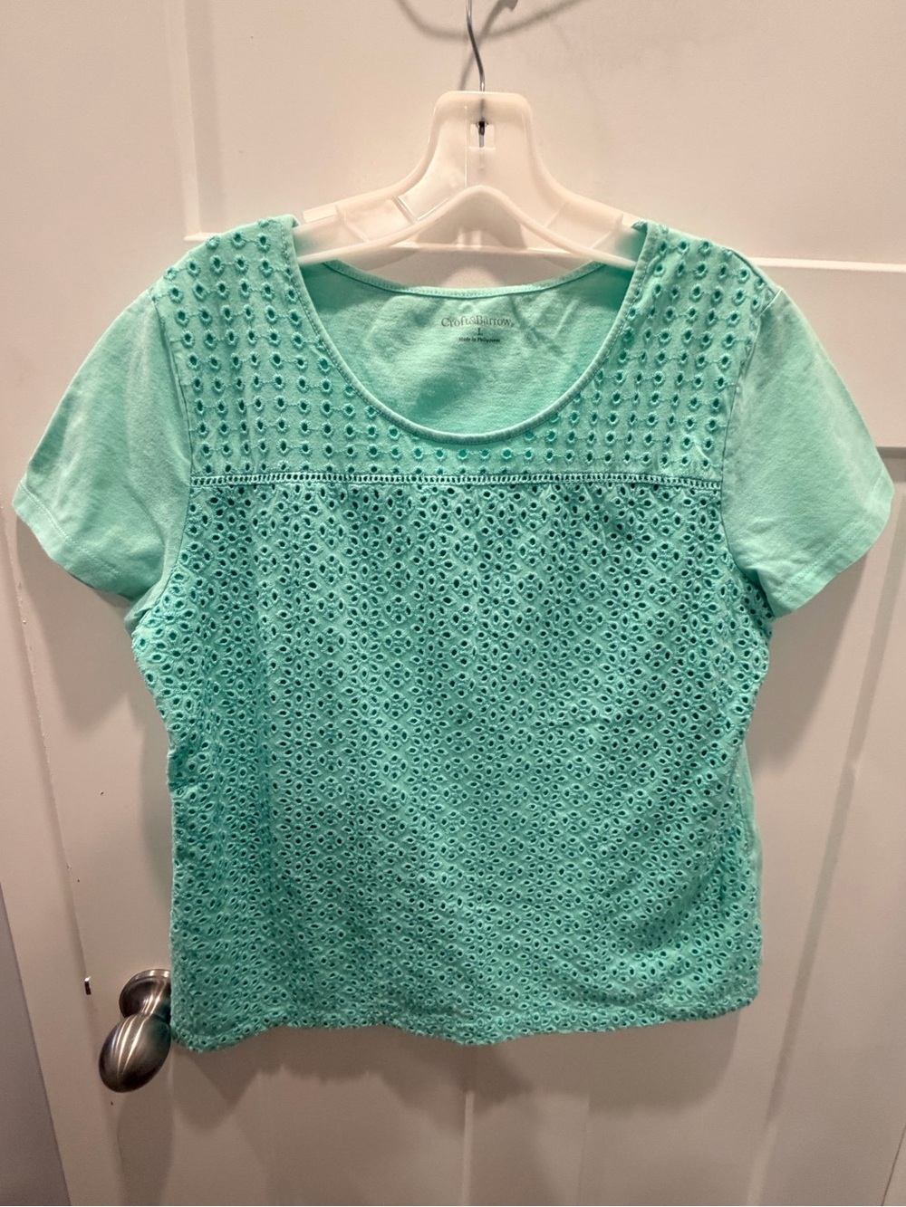 Croft & Barrow Mint Eyelet Lace Front Women’s Large Short Sleeve Cotton Blend
